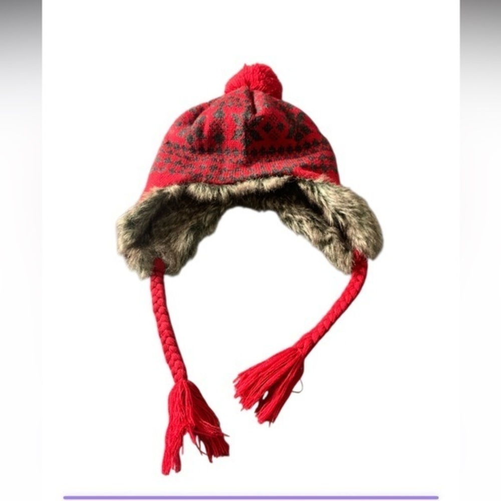 Vintage Faux Fur Christmas Snowflake Ski Winter Hat Red Grey